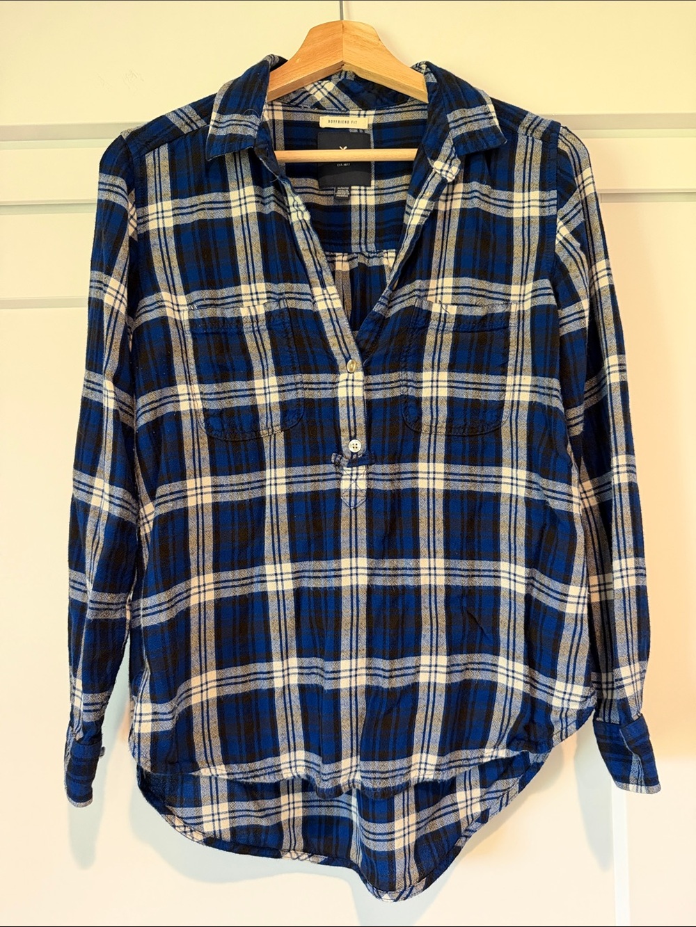 American Eagle Outfitters Blue and White Plaid Button-Down Shirt